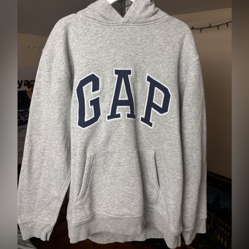 GAP Men's Heather Gray Hoodie with Navy Logo